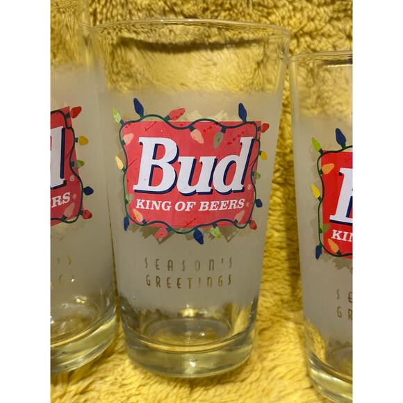 BUD King of Beers Pint Glass (Seasons Greetings) Frosted with Lights set of 4 - Picture 2 of 8